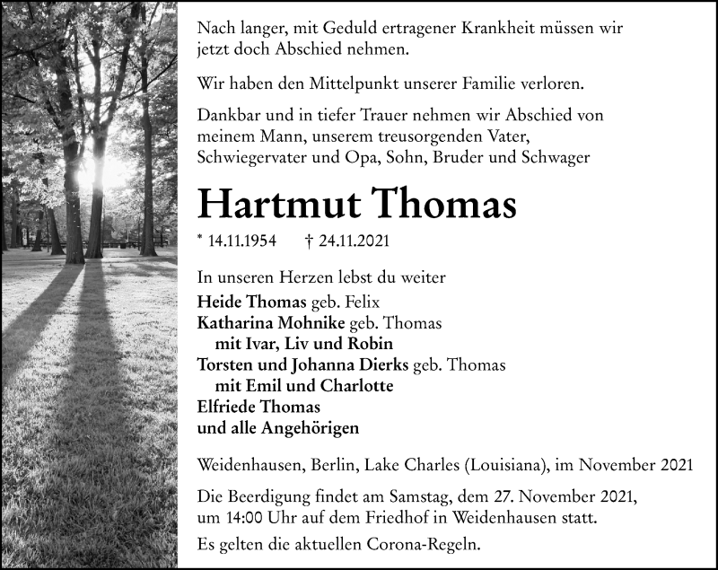  Traueranzeige für Hartmut Thomas vom 26.11.2021 aus 205 Hinterländer Anzeiger