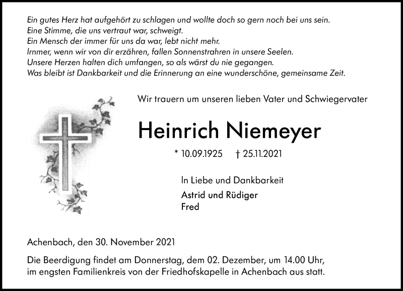  Traueranzeige für Heinrich Niemeyer vom 30.11.2021 aus 205 Hinterländer Anzeiger