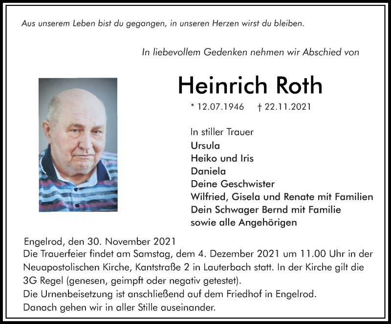  Traueranzeige für Heinrich Roth vom 30.11.2021 aus 562 Lauterbacher Anzeiger