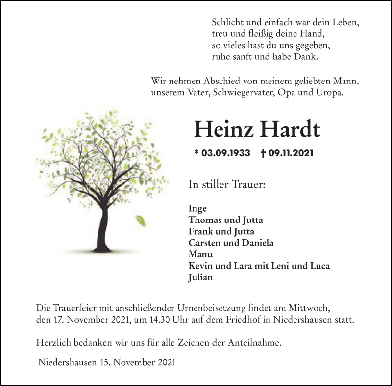  Traueranzeige für Heinz Hardt vom 15.11.2021 aus 206 Weilburger Tageblatt