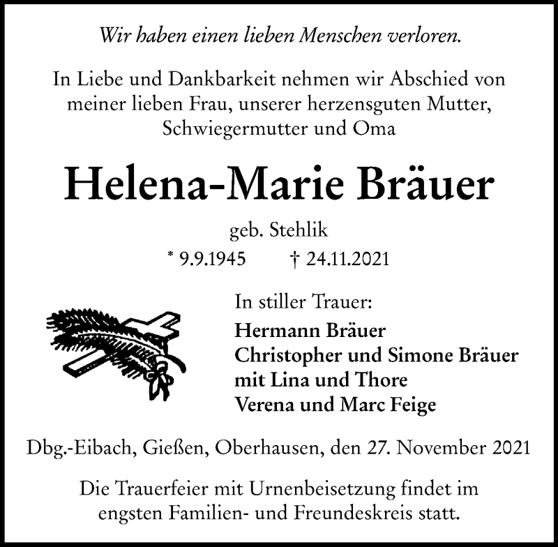  Traueranzeige für Helena-Marie Bräuer vom 27.11.2021 aus 202 Dill Block