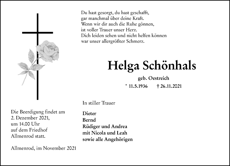  Traueranzeige für Helga Schönhals vom 30.11.2021 aus 562 Lauterbacher Anzeiger