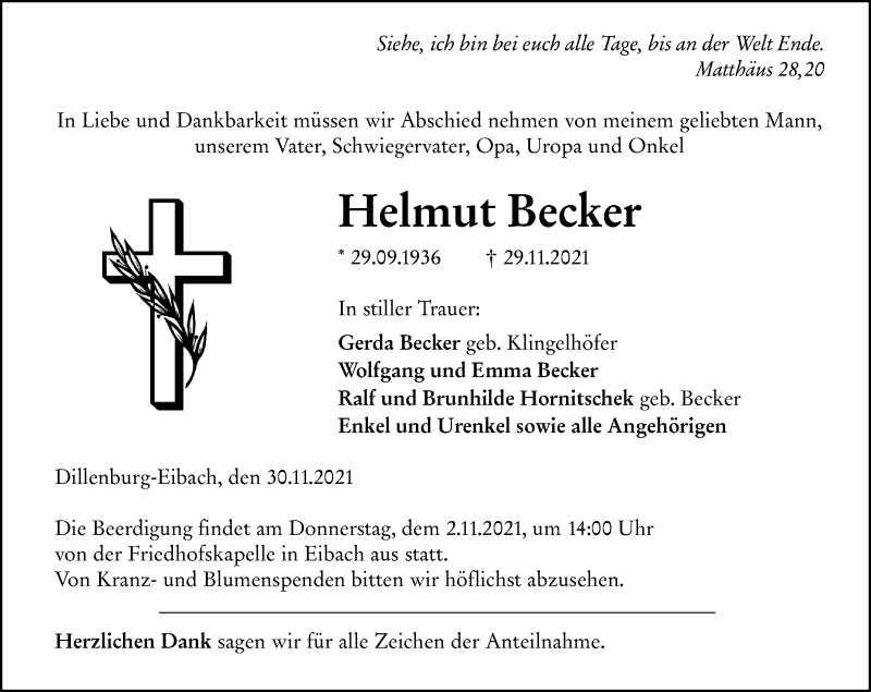  Traueranzeige für Helmut Becker vom 30.11.2021 aus 202 Dill Block