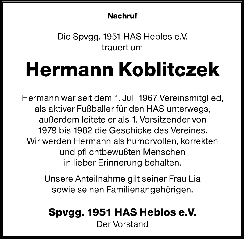  Traueranzeige für Hermann Koblitczek vom 25.11.2021 aus 562 Lauterbacher Anzeiger
