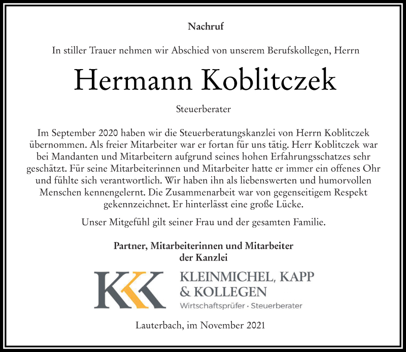  Traueranzeige für Hermann Koblitczek vom 23.11.2021 aus 562 Lauterbacher Anzeiger