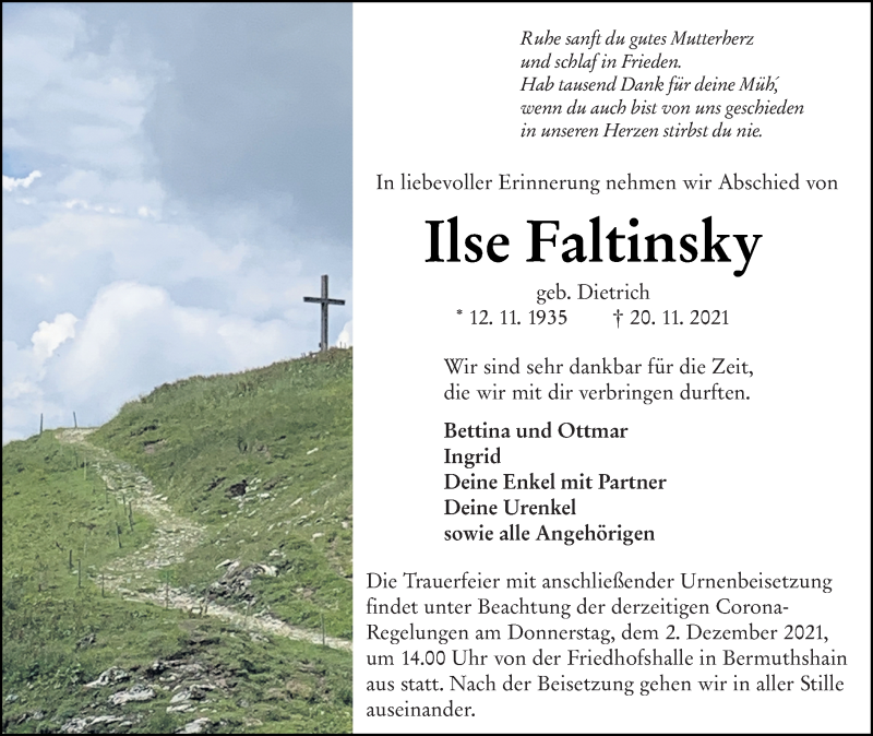 Traueranzeige für Ilse Faltinsky vom 30.11.2021 aus 562 Lauterbacher Anzeiger
