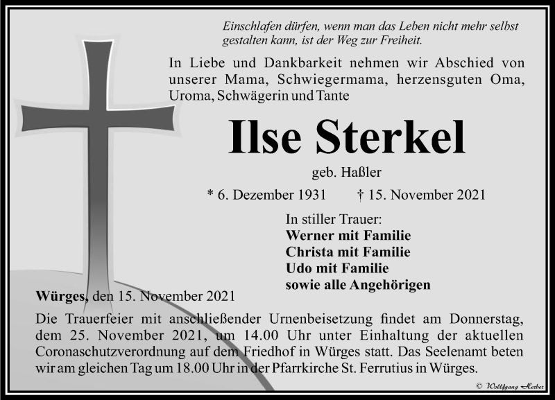  Traueranzeige für Ilse Sterkel vom 18.11.2021 aus 582 Camberger Anzeiger