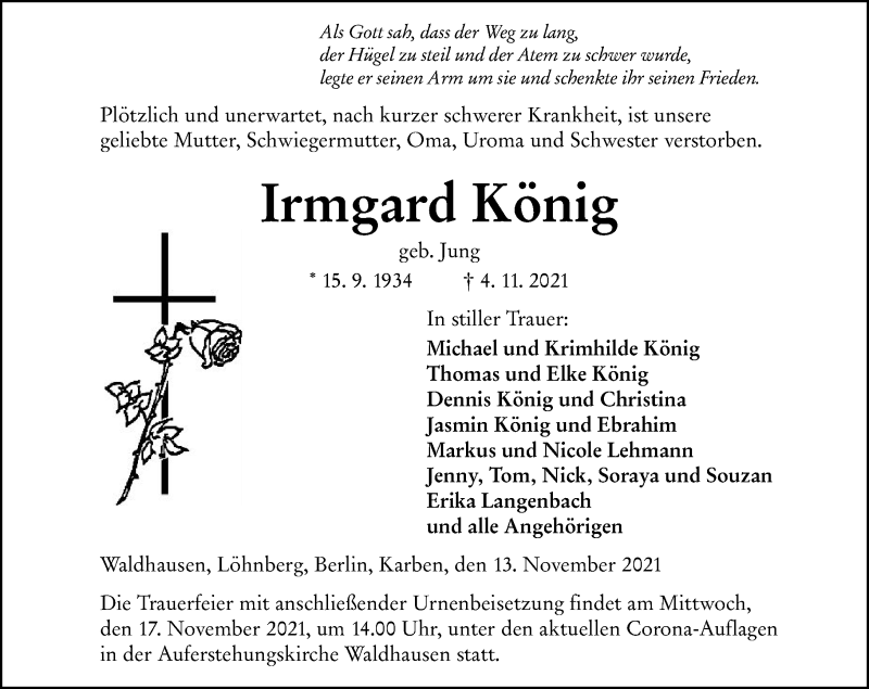  Traueranzeige für Irmgard König vom 13.11.2021 aus 206 Weilburger Tageblatt