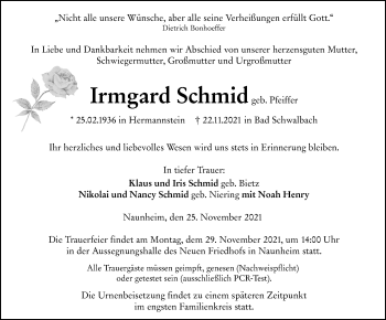Traueranzeige von Irmgard Schmid von 201 Wetzlarer Neue Zeitung