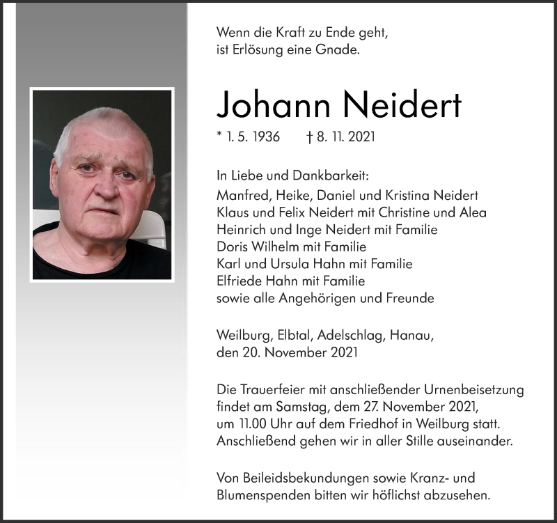  Traueranzeige für Johann Neidert vom 20.11.2021 aus 206 Weilburger Tageblatt
