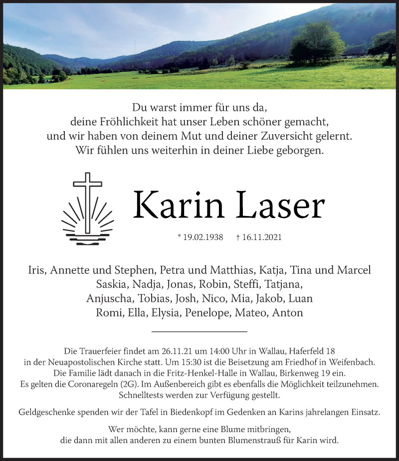  Traueranzeige für Karin Laser vom 23.11.2021 aus 205 Hinterländer Anzeiger