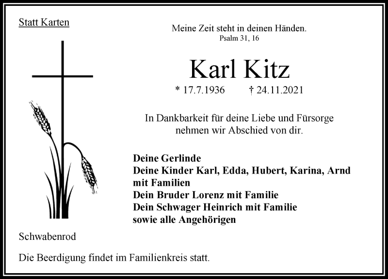  Traueranzeige für Karl Kitz vom 27.11.2021 aus 563 Oberhessische Zeitung