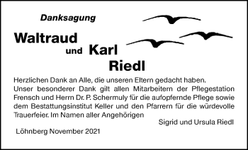 Traueranzeige von Karl Riedl von 206 Weilburger Tageblatt