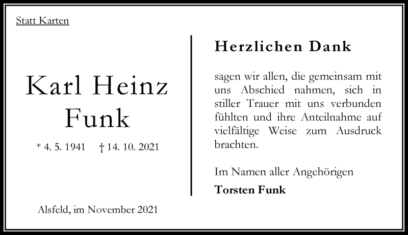  Traueranzeige für Karl Heinz Funk vom 27.11.2021 aus 563 Oberhessische Zeitung