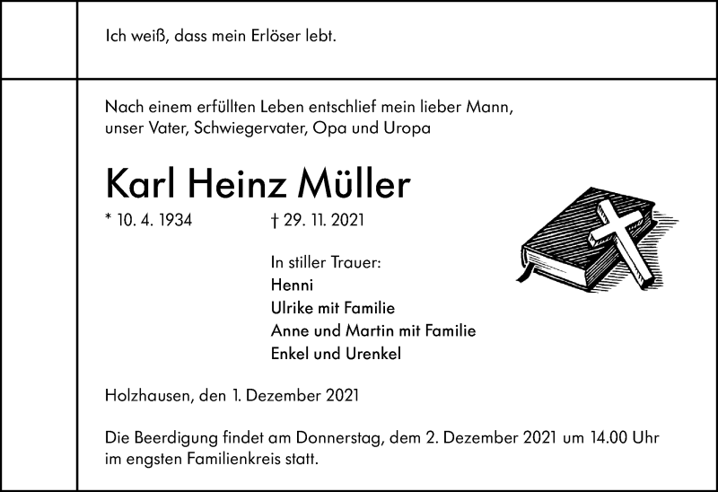  Traueranzeige für Karl Heinz Müller vom 01.12.2021 aus 205 Hinterländer Anzeiger