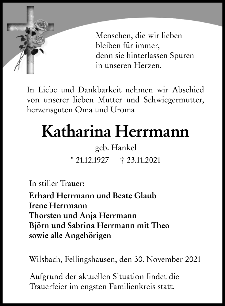  Traueranzeige für Katharina Herrmann vom 30.11.2021 aus 201 Wetzlarer Neue Zeitung