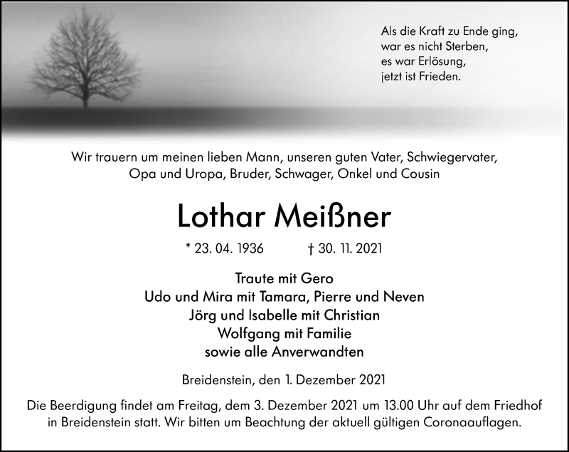  Traueranzeige für Lothar Meißner vom 01.12.2021 aus 205 Hinterländer Anzeiger