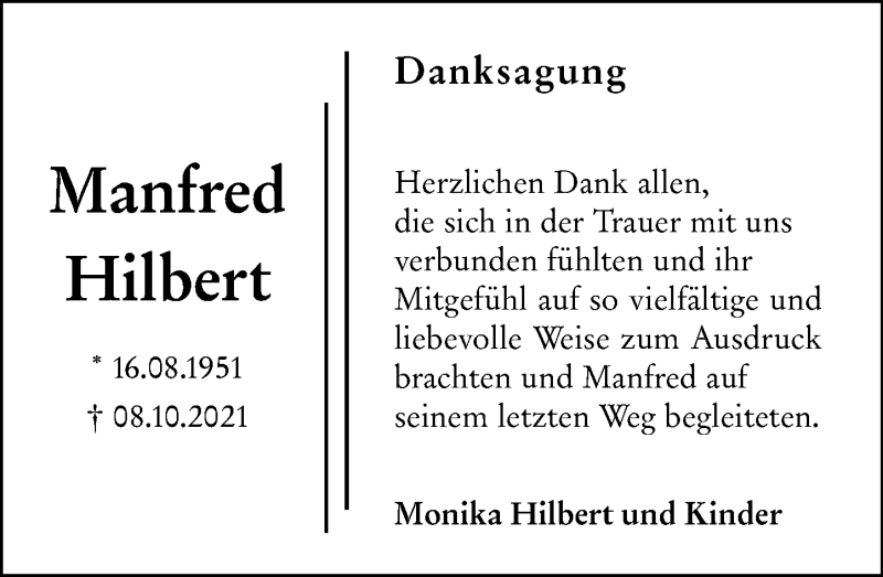  Traueranzeige für Manfred Hilbert vom 27.11.2021 aus 202 Dill Block