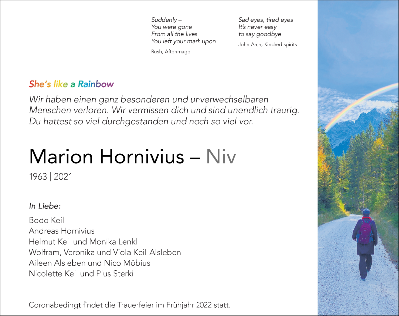  Traueranzeige für Marion Hornivius vom 27.11.2021 aus 201 Wetzlarer Neue Zeitung