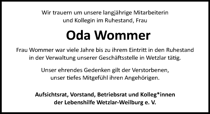  Traueranzeige für Oda Wommer vom 27.11.2021 aus 206 Weilburger Tageblatt