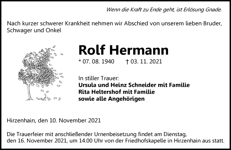  Traueranzeige für Rolf Hermann vom 10.11.2021 aus 202 Dill Block