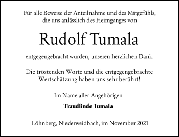 Traueranzeige von Rudolf Tumala von 201 Wetzlarer Neue Zeitung
