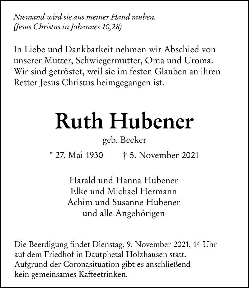  Traueranzeige für Ruth Hubener vom 08.11.2021 aus 205 Hinterländer Anzeiger