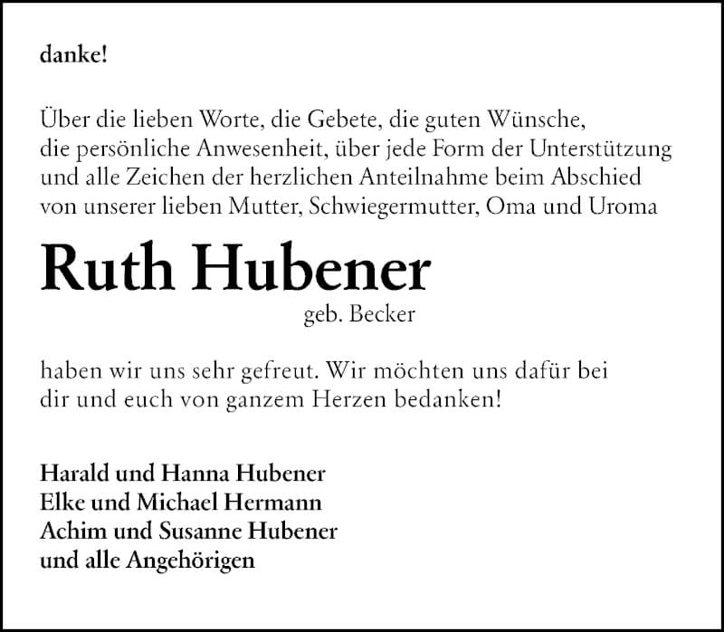  Traueranzeige für Ruth Hubener vom 29.11.2021 aus 205 Hinterländer Anzeiger