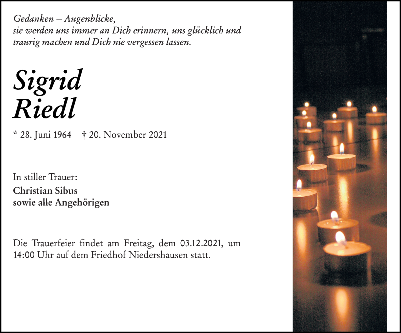  Traueranzeige für Sigrid Riedl vom 26.11.2021 aus 206 Weilburger Tageblatt