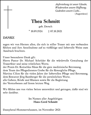 Traueranzeige von Thea Schmitt von 205 Hinterländer Anzeiger