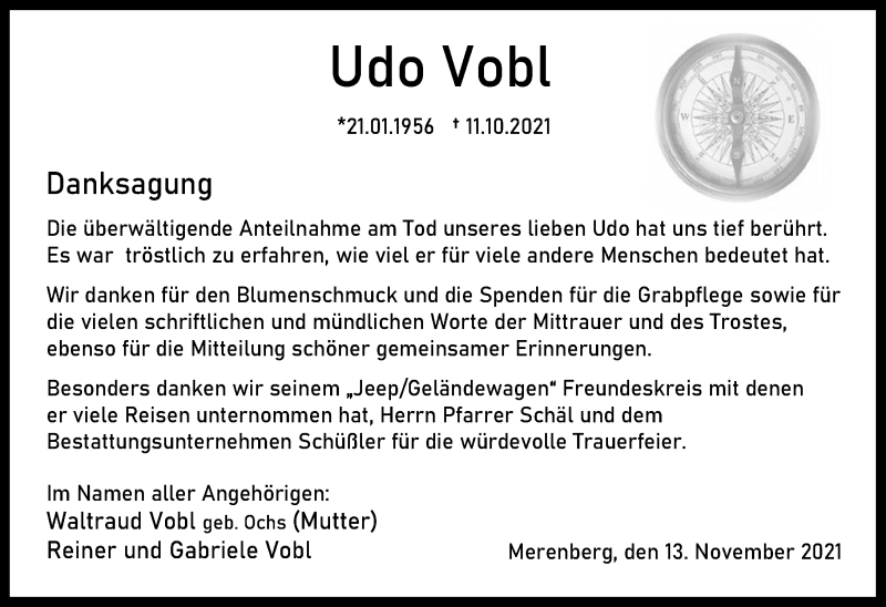  Traueranzeige für Udo Vobl vom 13.11.2021 aus 206 Weilburger Tageblatt