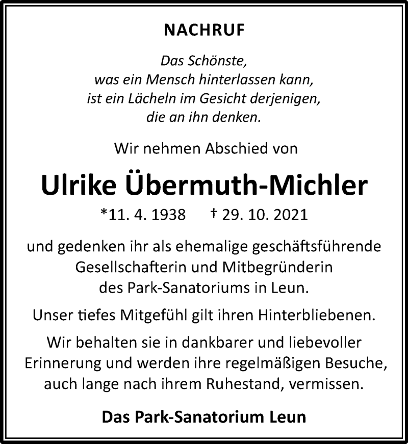  Traueranzeige für Ulrike Übermuth-Michler vom 09.11.2021 aus 201 Wetzlarer Neue Zeitung