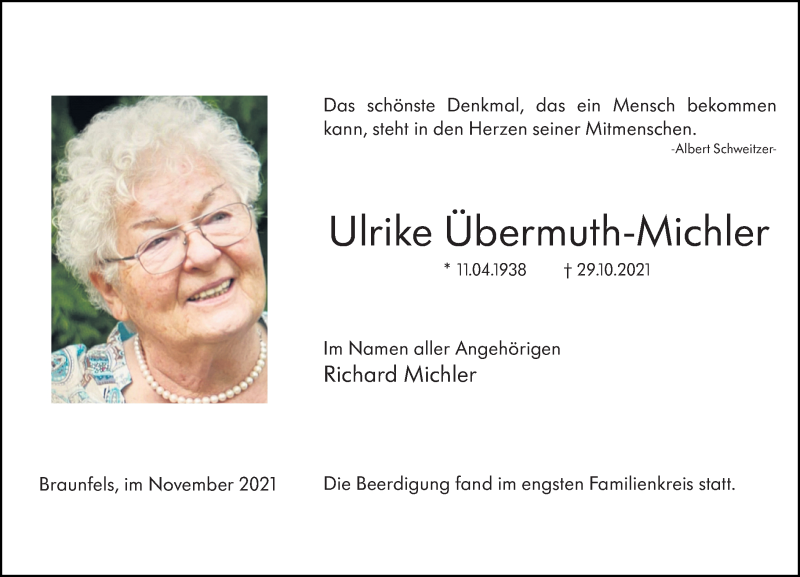  Traueranzeige für Ulrike Übermuth-Michler vom 27.11.2021 aus 206 Weilburger Tageblatt