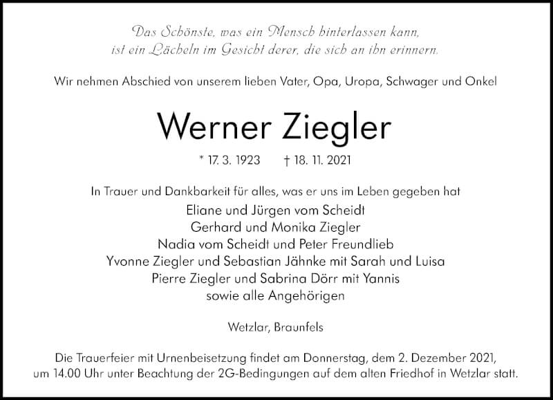  Traueranzeige für Werner Ziegler vom 29.11.2021 aus 201 Wetzlarer Neue Zeitung