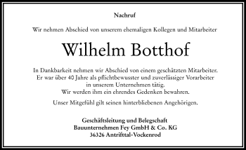 Traueranzeige von Wilhelm Botthof von VRM Trauer