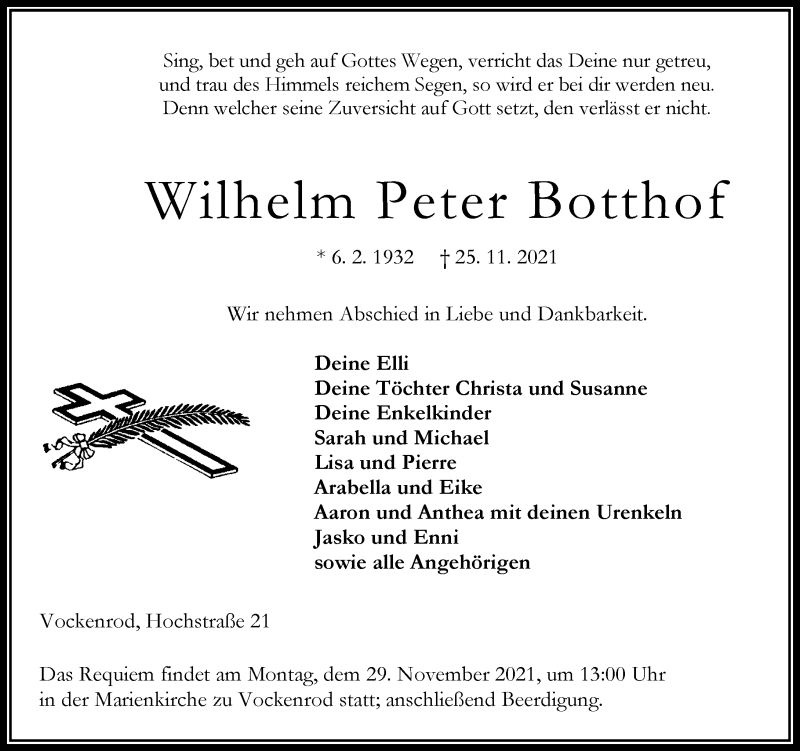  Traueranzeige für Wilhelm Peter Botthof vom 27.11.2021 aus 563 Oberhessische Zeitung