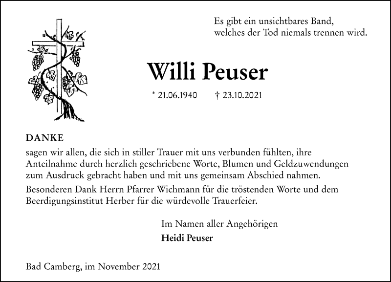  Traueranzeige für Willi Peuser vom 18.11.2021 aus 582 Camberger Anzeiger