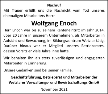 Traueranzeige von Wolfgang Enoch von 201 Wetzlarer Neue Zeitung