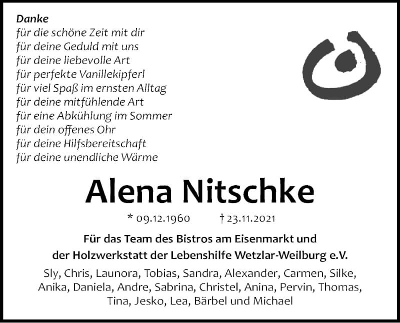  Traueranzeige für Alena Nitschke vom 18.12.2021 aus 201 Wetzlarer Neue Zeitung