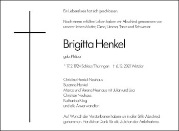Traueranzeige von Brigitta Henkel von 201 Wetzlarer Neue Zeitung