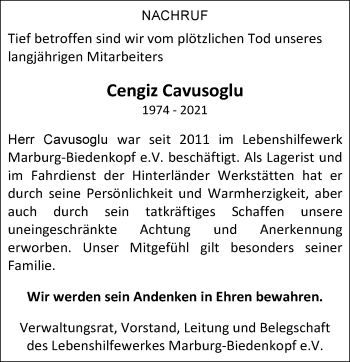 Traueranzeige von Cengiz Cavusoglu von 205 Hinterländer Anzeiger