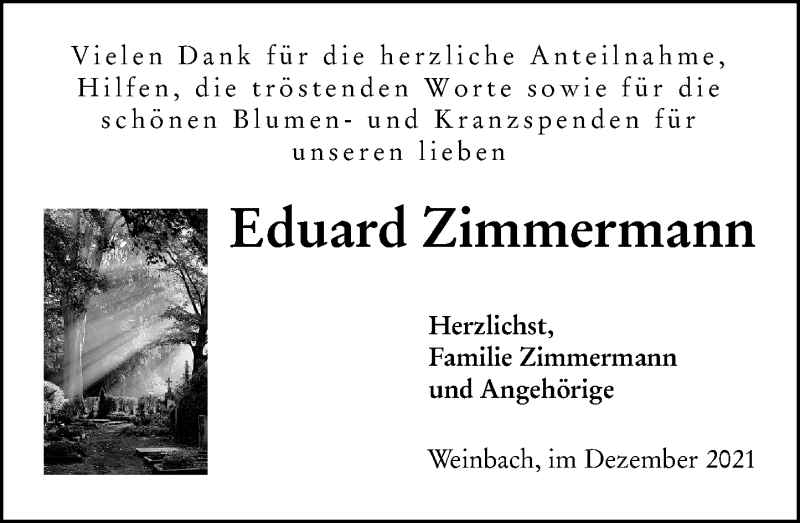  Traueranzeige für Eduard Zimmermann vom 13.12.2021 aus 206 Weilburger Tageblatt