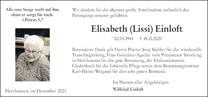  Traueranzeige für Elisabeth Einloft vom 18.12.2021 aus 205 Hinterländer Anzeiger