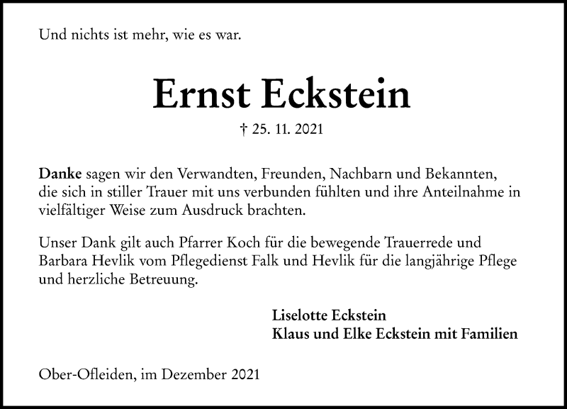  Traueranzeige für Ernst Eckstein vom 24.12.2021 aus 563 Oberhessische Zeitung
