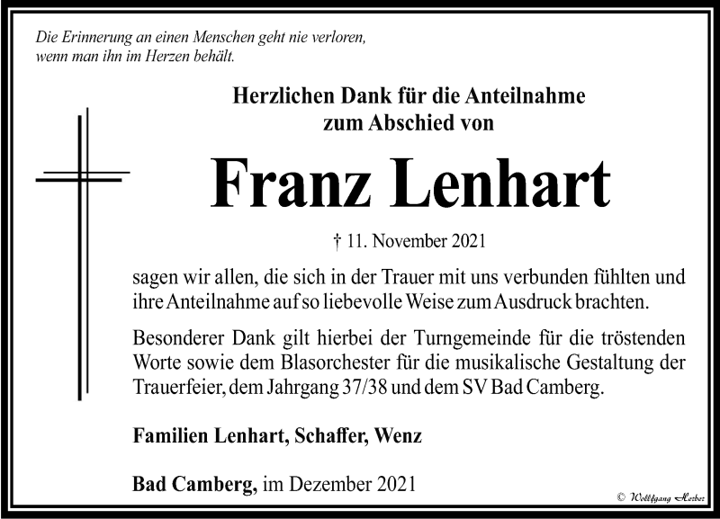  Traueranzeige für Franz Lenhart vom 16.12.2021 aus 582 Camberger Anzeiger