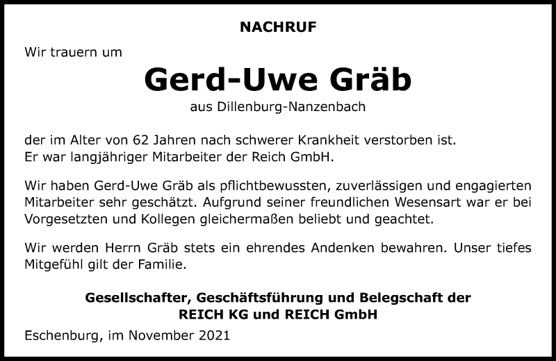  Traueranzeige für Gerd-Uwe Gräb vom 02.12.2021 aus 205 Hinterländer Anzeiger