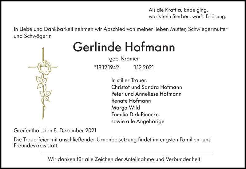  Traueranzeige für Gerlinde Hofmann vom 08.12.2021 aus 201 Wetzlarer Neue Zeitung
