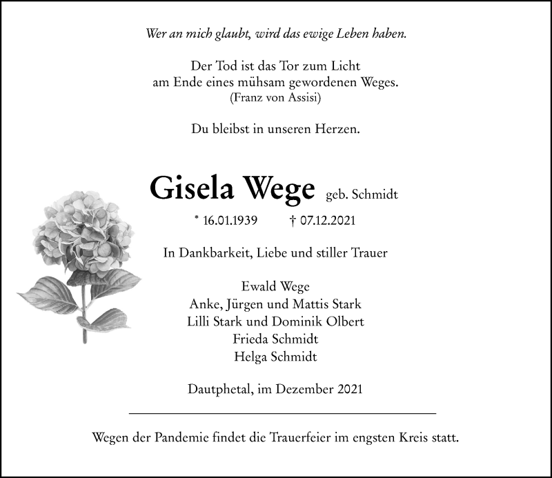 Traueranzeige für Gisela Wege vom 20.12.2021 aus 205 Hinterländer Anzeiger