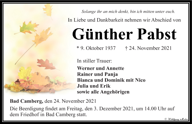  Traueranzeige für Günther Pabst vom 02.12.2021 aus 582 Camberger Anzeiger