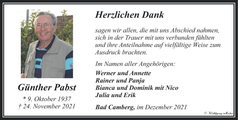  Traueranzeige für Günther Pabst vom 16.12.2021 aus 582 Camberger Anzeiger